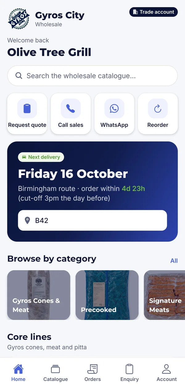 The Gyros City app home screen showing the next delivery day and category shortcuts